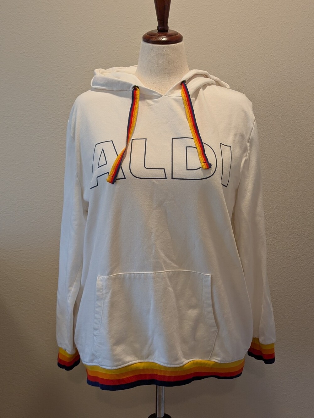 Aldi White Hoodie with Rainbow Trim – Casual adult Sweater